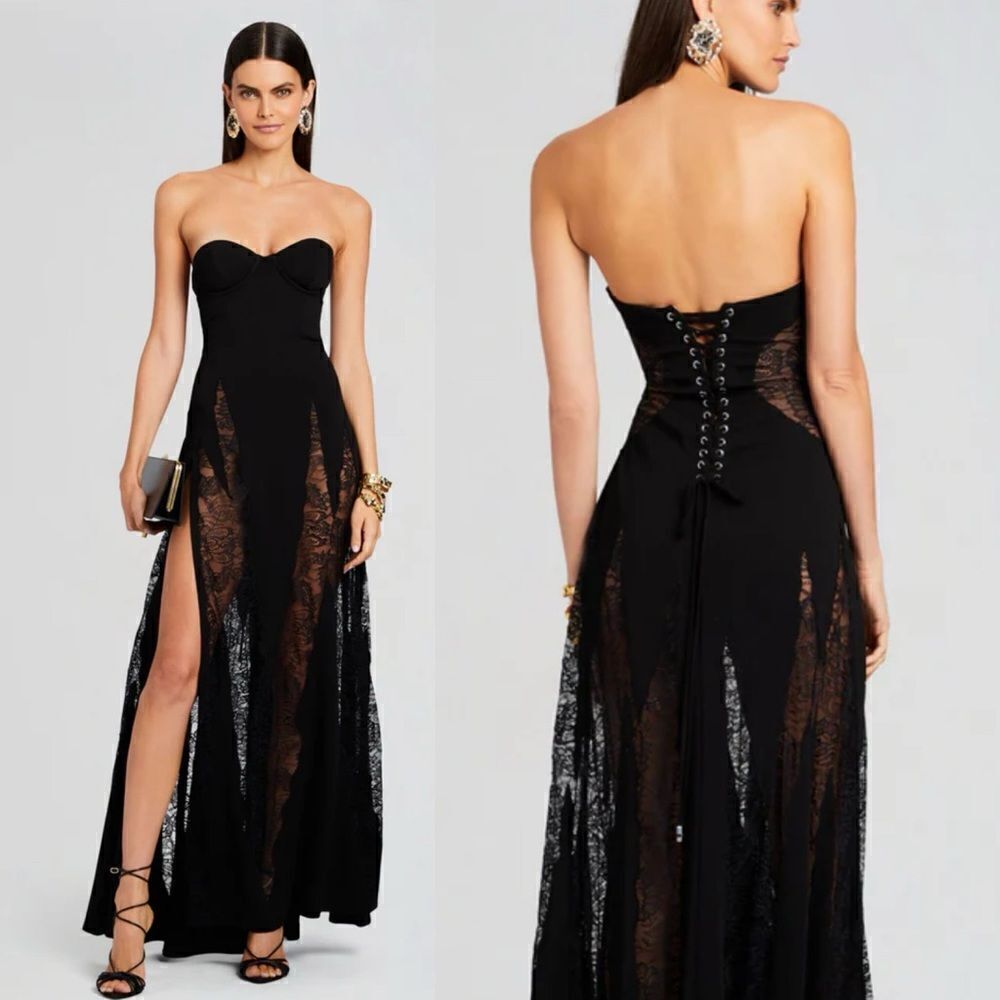 Retrofete Evangeline Dress black corset lace up maxi high slit gown bustier XS
